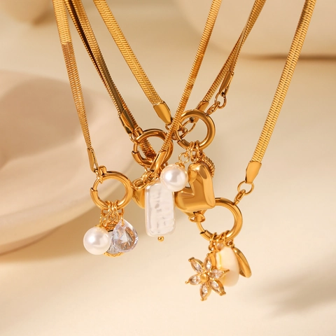 Collana A Catena Di Serpente Piatta In Acciaio Inossidabile Placcato Oro Pendenti Cuore Stella Perla Artificial Barocca Donna