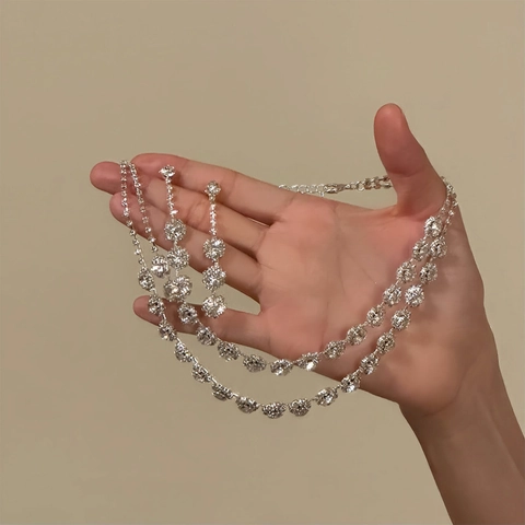 Elegant Flower Jewelry Set Copper Rhinestone Double Layer Necklace And Stud Earrings Silver Palace Style For Women