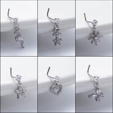 Fashion Metal Zirconia L-Shape Nose Stud For Women Heart Snake Butterfly Star Pendant Nose Ring Piercing Jewelry