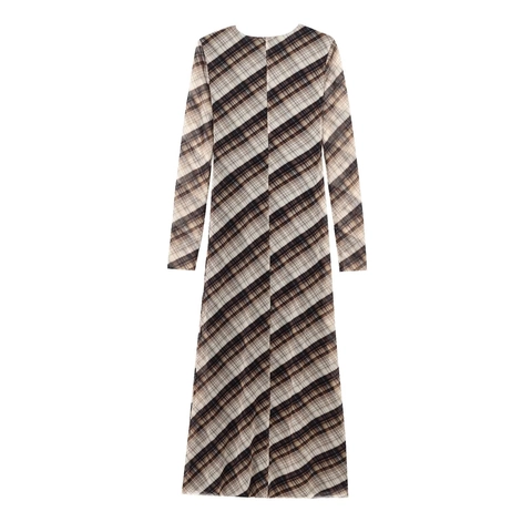 Plaid Mesh Maxi Jurk Dames Lange Mouwen Ronde Hals Slim Fit Vintage Elegant Transparant Polyester Jurk