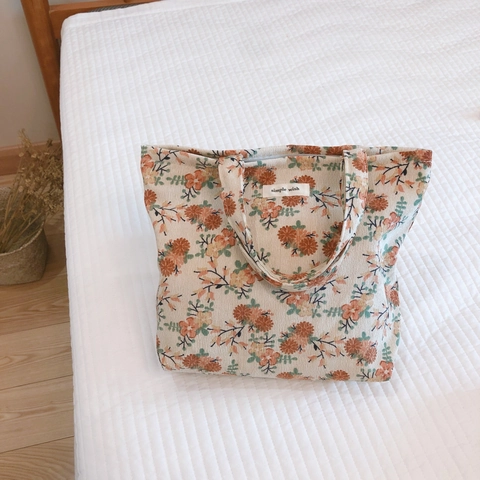 Corduroy Floral Tote Bag Vintage Retro Literary Flower Print Women Canvas Handbag With Zipper Small Casual Shopping Bag