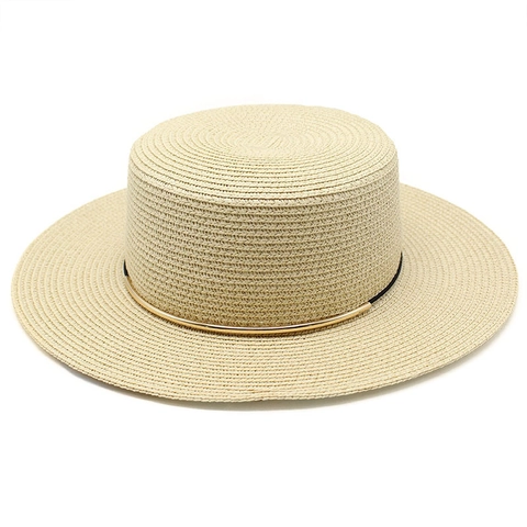 Women Boater Hat Paper Straw Wide Brim Flat Top Summer Beach Sun Hat French Retro Elegant Style Metal Ring Decor
