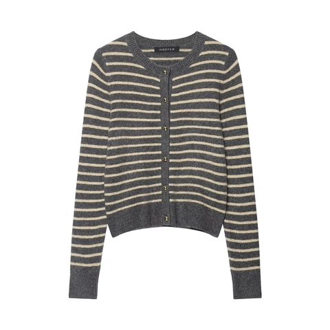 Women Striped Knitted Cardigan Sweater Crew Neck Long Sleeve Gold Button Elegant Retro Casual Outerwear