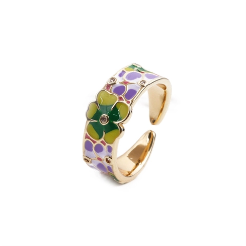 Anello Aperto Fiore Rame Placcato Oro Smalto Colorato Zirconia Regolabile Gioielli Moda Retrò Per Donne