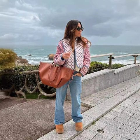 Damen Steppjacke Wendbar Blumen Paisley Muster Vintage Boho Kurz Wattierte Jacke Leichte Oberbekleidung