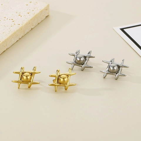 Pendientes De Botón Geométricos Hashtag De Acero Inoxidable Con Bola Central Estilo Vintage Moderno Para Mujeres