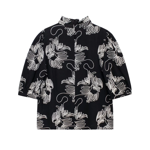 Dames Blouse Met Korte Pofmouwen En Opstaande Kraag Borduurwerk Zen Stijl Vintage Losse Polyester Top