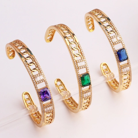 Geometric Square Zircon Cuff Bracelet Brass Gold Plated Hollow Chain Link Open Bangle Elegant Jewelry For Women