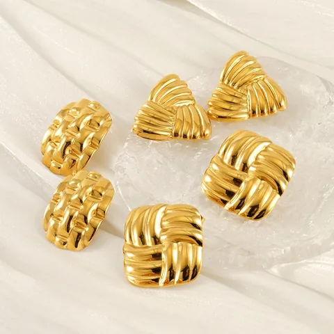 Geometric Woven Texture Stud Earrings For Women 18K Gold Plated Stainless Steel Ridged Striped Retro Style
