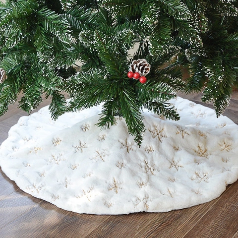 Jupe De Sapin De Noël Fausse Fourrure Peluche Or Argent Flocon De Neige Paillettes Plume Tapis De Sol Ronde Décoration