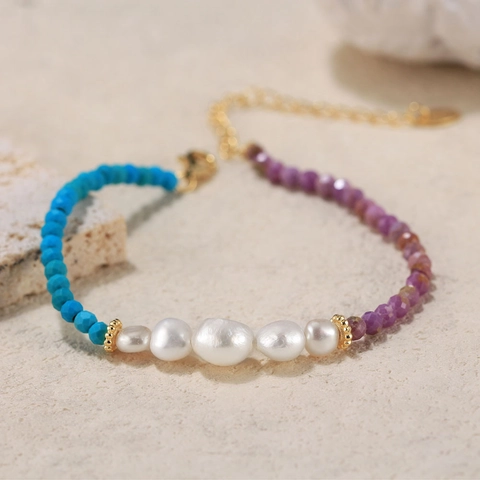 Bracciale in Argento Sterling 925 con Perle d'Acqua Dolce Turchese e Mica Viola Catena a Sfere Regolabile Gioielli da Donna