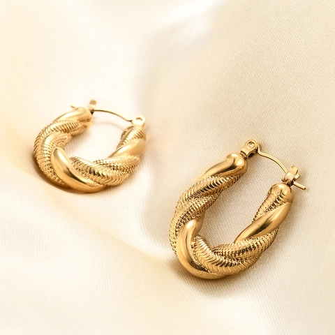 Pendientes De Aro De Acero Inoxidable Retorcidos En Forma De U Textura De Cadena De Serpiente Doble Capa Joyería Para Mujer