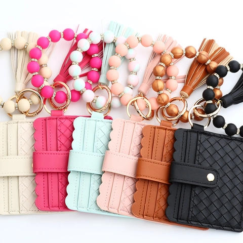 Silicone Beaded Wristlet Keychain PU Leather Woven Card Holder Tassel Wallet Key Ring Accessory For Women