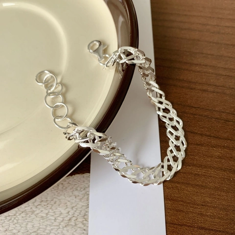 Bracciale A Catena In Argento Sterling 925 Intrecciato Piatto Geometrico Stile Maglia Cubana Gioielli Regolabili Per Donna
