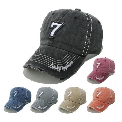 Distressed Washed Cotton Baseball Cap Retro Bestickt Nummer 7 Lucky Numbers Streetwear Unisex Sonnenhut
