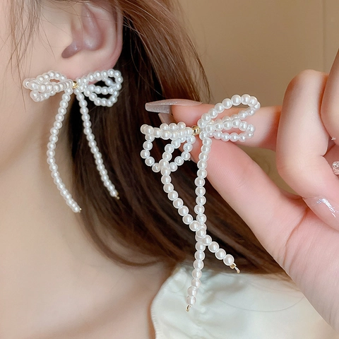 Elegant Bow Imitation Artificial Pearl Tassel Drop Earrings With Silver Earring Post French Retro Style Jewelry For Women