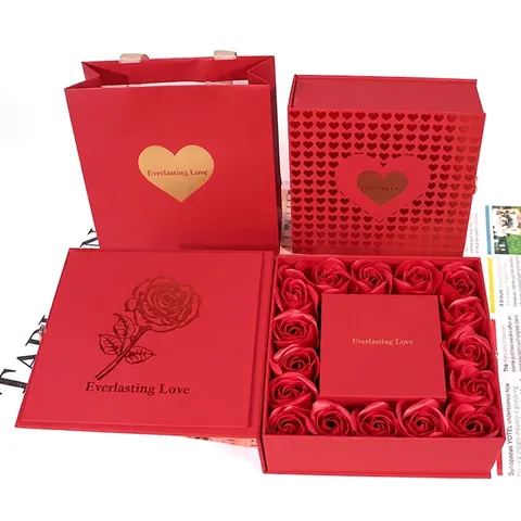 Red Rose Jewelry Gift Box Cardboard Packing With Soap Flowers Gift Bag Greeting Card For Necklace Ring Anniversary