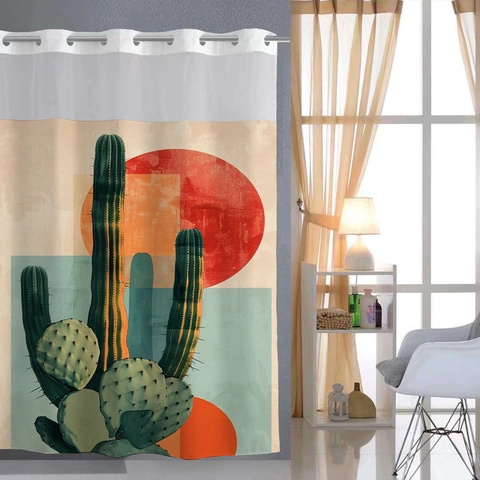 Cactus Floral Shower Curtain Waterproof Polyester Waffle Weave Snap In Liner Weighted Magnet Hookless Design Bathroom Decor