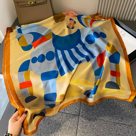 Sciarpa Di Raso Da Donna Stampa Pony Retrò Lunga Motivi Geometrici Colorati Scialle Morbido Alla Moda Accessorio