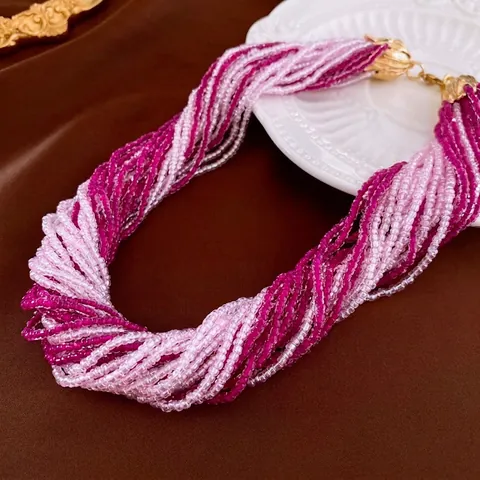 Vintage Mehrlagige Perlenkette Lila Rosa Farbverlauf Handgefertigte Gedrehte Choker Kette Mit Goldenem Legierungsverschluss