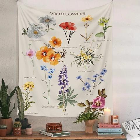 Vintage Wildflower Mushroom Tapestry Wall Hanging Polyester Fabric Botany Illustration Bohemian Aesthetic Decor