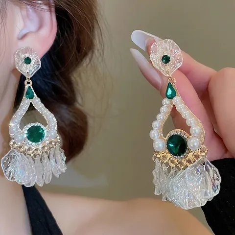 Orecchini Vintage Con Strass Verde Smeraldo Künstliche Perle Sintetiche Petali Iridescenti E Perno In Argento Sterling 925