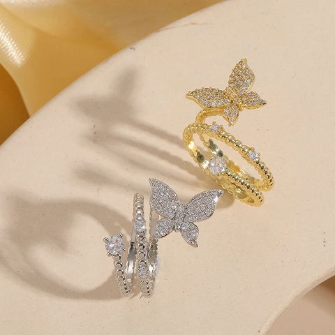 Butterfly Zircon Open Ring Copper 14K Gold Plated Spiral Beaded Texture Adjustable Jewelry For Women