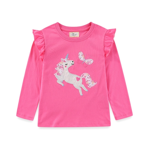 Girls Long Sleeve T-Shirt Cotton Unicorn Embroidery Ruffle Shoulder Round Neck Casual Top Toddler Kids