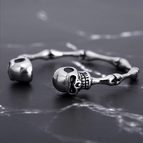 Gothic Stainless Steel Skeleton Bone Bangle Bracelet For Men Women Punk Rock Skull Heads Open Cuff Jewelry