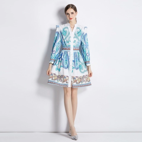 Robe Midi Imprimé Cachemire Manches Longues Col V Taille Haute Boutonnée Elégante Bohème Mousseline Tissée Mode Femme