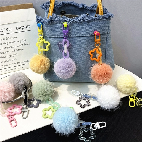Cute Plush Pom Pom Keychain Faux Fur Ball Bag Charm With Acrylic Star Chain Colorful Key Ring For Backpack Decoration