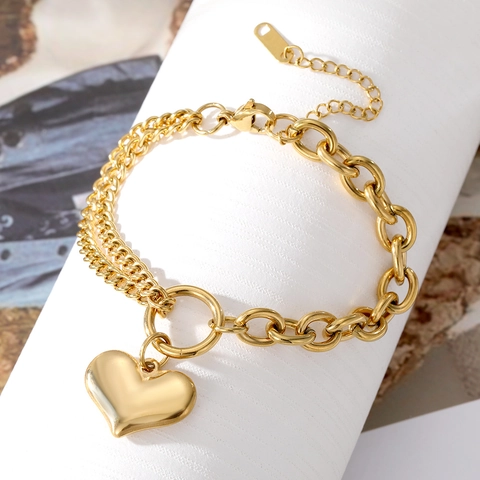 Golden Stainless Steel Bracelet Heart Pendant Double Layer Chain Jewelry For Women Asymmetrical Link Trendy Accessory
