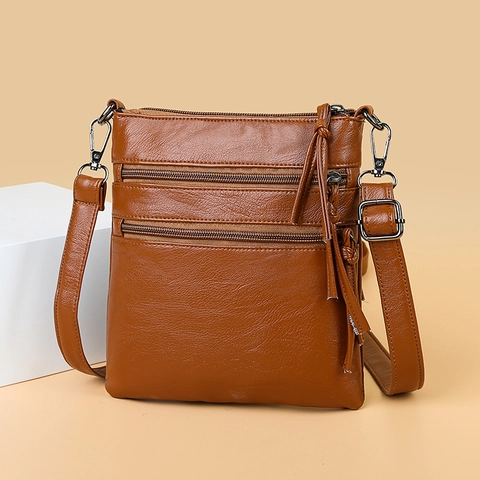 Women's PU Leather Phone Crossbody Bag Fashion Multi-Layer Zipper Shoulder Bag With Tassel Retro Soft Leather Square Purse
