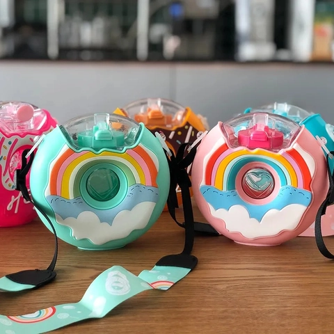 Donut Shape Kids Water Bottle With Silicone Sleeve Straw Leakproof Portable Cartoon Drinkware For School Travel