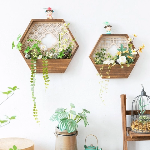 Decoración De Pared Hexagonal De Madera Con Flores Artificiales Y Vegetación Estilo Retro Para Balcón Y Hogar Interior