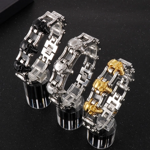 Pulsera De Hombre Acero Inoxidable 316L Calavera Cadena Moto Bicicleta Hip Hop Punk Rock Gótico Accesorio Joyería