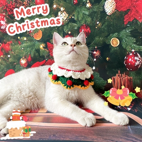 Pet Christmas Collar Scarf Hat Handmade Knitted Adjustable Holiday Costume Accessories For Cats Small Dogs With Bell Santa Reindeer