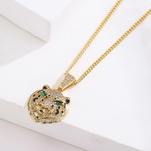 Collana Con Pendente Testa Di Leopardo Tigre Rame Placcato Oro 18K Zircone Gioielli Moda Hip Hop Per Donna