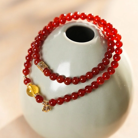 Bracciale A Doppio Strato Di Perline Di Agata Rossa Retrò Con Ciondolo A Cuore In Lega Placcata Oro Gioielli Per Donna