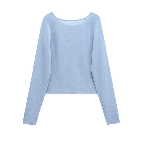 Women Slim Fit Mercerized Cotton Knit Top Long Sleeve Round Neck Ribbed Pullover Shoulder Pleats Decorative Buttons Sweater