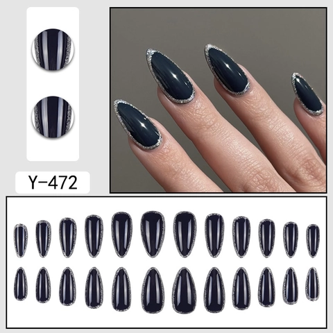 Uñas Postizas De Almendra Larga Azul Marino Brillo De Espejo Con Borde De Purpurina Plateada Elegante Para Mujeres