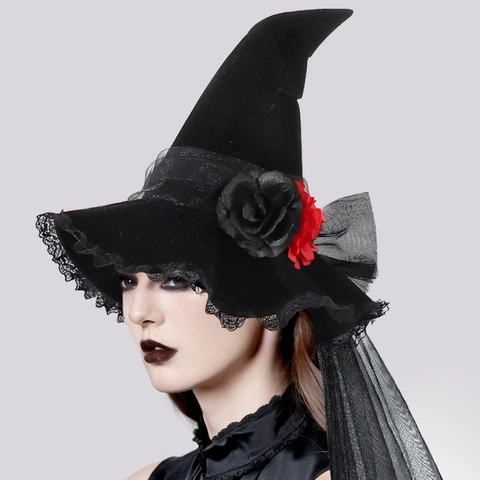Barok Heksenhoed Fluweel Gothiek Halloween Kostuum Accessoire Kant Roos Decor Lange Net Sluier Mysterieuze Koningin Stijl Dames