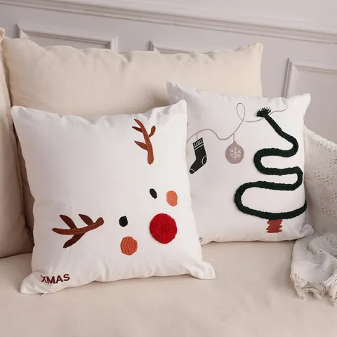 Christmas Throw Pillow Cover Plush Reindeer Snowman Santa Claus Embroidery Holiday Home Decor Festive Gift Cushion