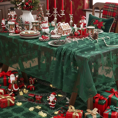 Mantel de Encaje de Navidad Festivo Verde Rojo Papá Noel Reno Copo de Nieve Patrón Rectangular Cubierta de Mesa de Comedor Decoración Hogar