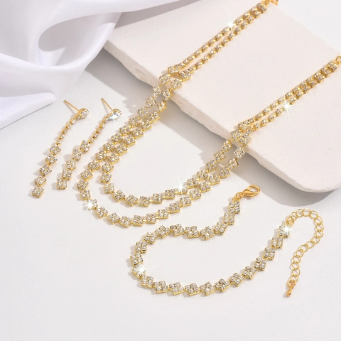 Rhinestone Jewelry Copper Shiny Double Layer Necklace Earrings Bracelet For Wedding Bridal Banquet Elegant Women