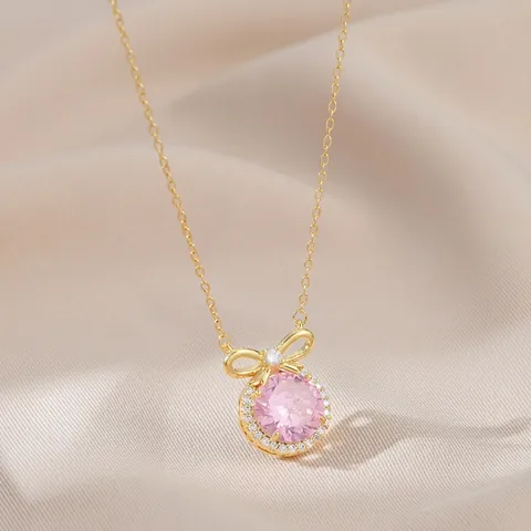Niche Design Bow Pendant Necklace For Women Real Gold Plated Copper Clavicle Chain With Round Zirconia Elegant Jewelry Gift