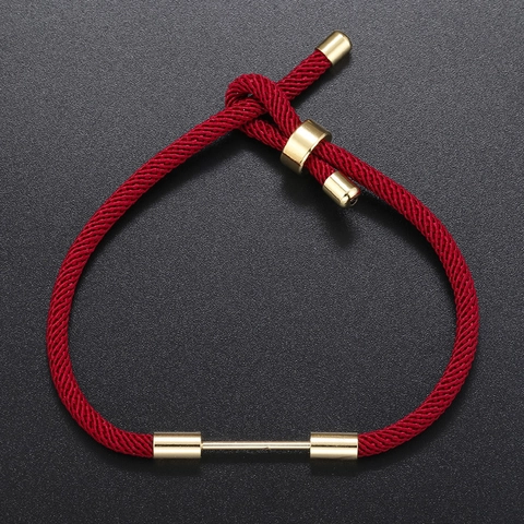 Woven Rope Bracelet With Adjustable Sliding Buckle Brass Gold Plated Horizontal Bar Minimalist Unisex Cord Jewelry