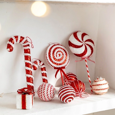 Kersthangers Rood Wit Schuim Glitters Zuurstokken Lolly's Gestreepte Decoratieve Ballen Vakantie Boom Versieringen