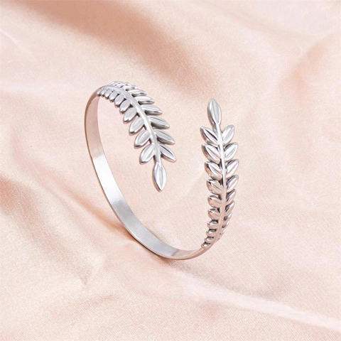 Bracciale Rigido Aperto In Acciaio Inossidabile Design Foglia Grano Forma C Regolabile Gioielli Moda Donna