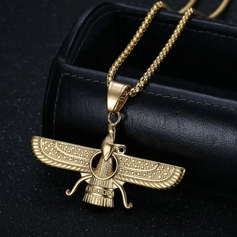 Faravahar Anhänger Halskette Titanstahl Vergoldet Persisches Zoroastrisches Symbol Hip Hop Schmuck